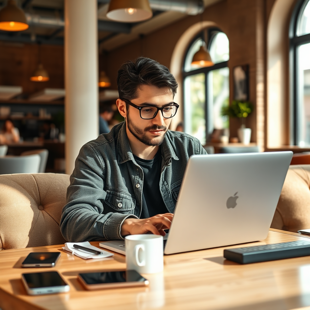 A photorealistic image of an individual exploring options on a laptop at a coffee shop. The environment features bright natural light and a warm color palette to create an inviting atmosphere. Textures of cozy furniture and digital devices enhance realism. This image represents the process of researching niches in affiliate marketing, embodying creativity and exploration.