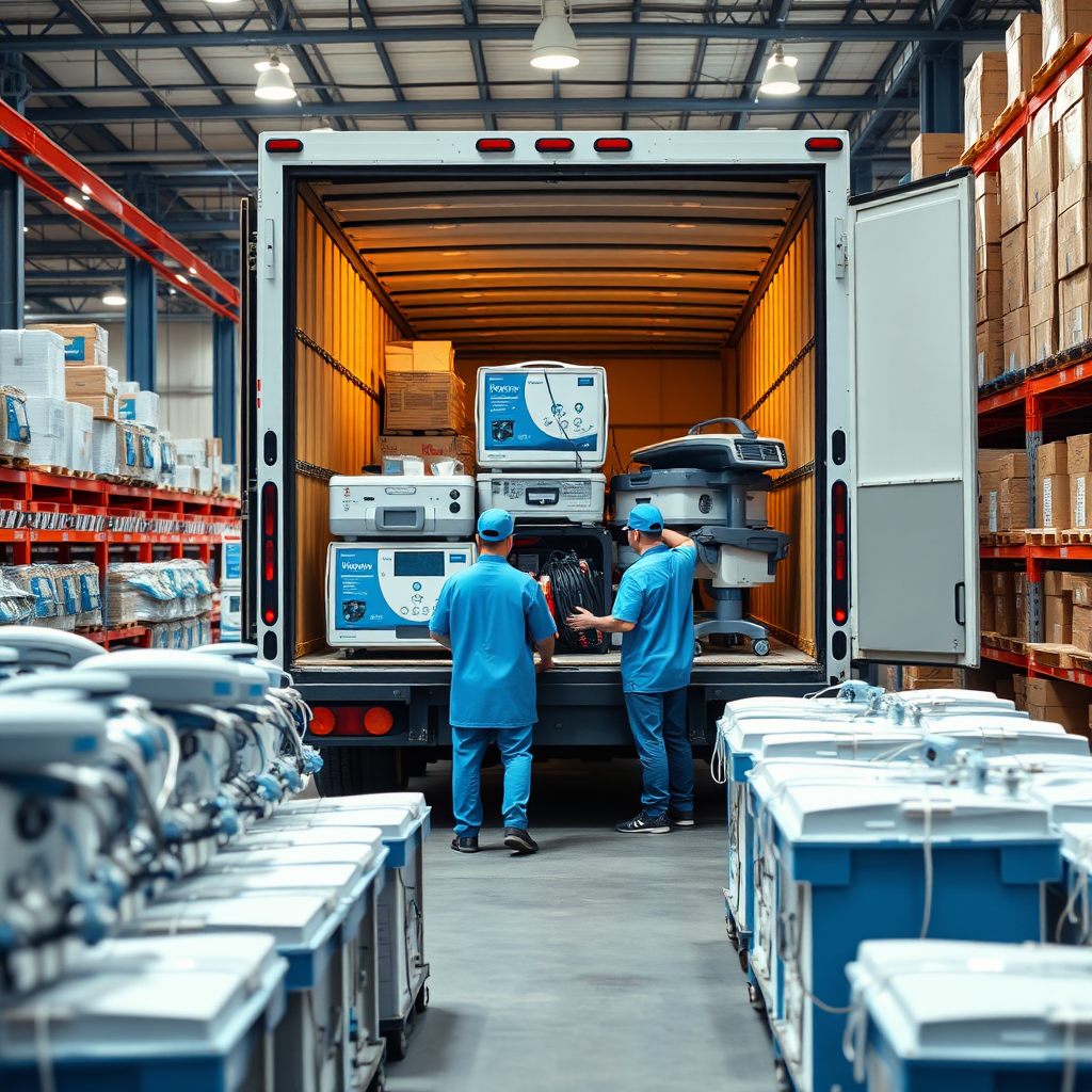A photorealistic image of our logistics team loading medical equipment onto a delivery truck. The location is a busy warehouse with organized rows of medical devices. Lighting is bright and functional to enhance the scene. The color palette features organizational blue tones and white packaging. The composition highlights the teamwork involved in preparing for delivery, with team members coordinating effectively.