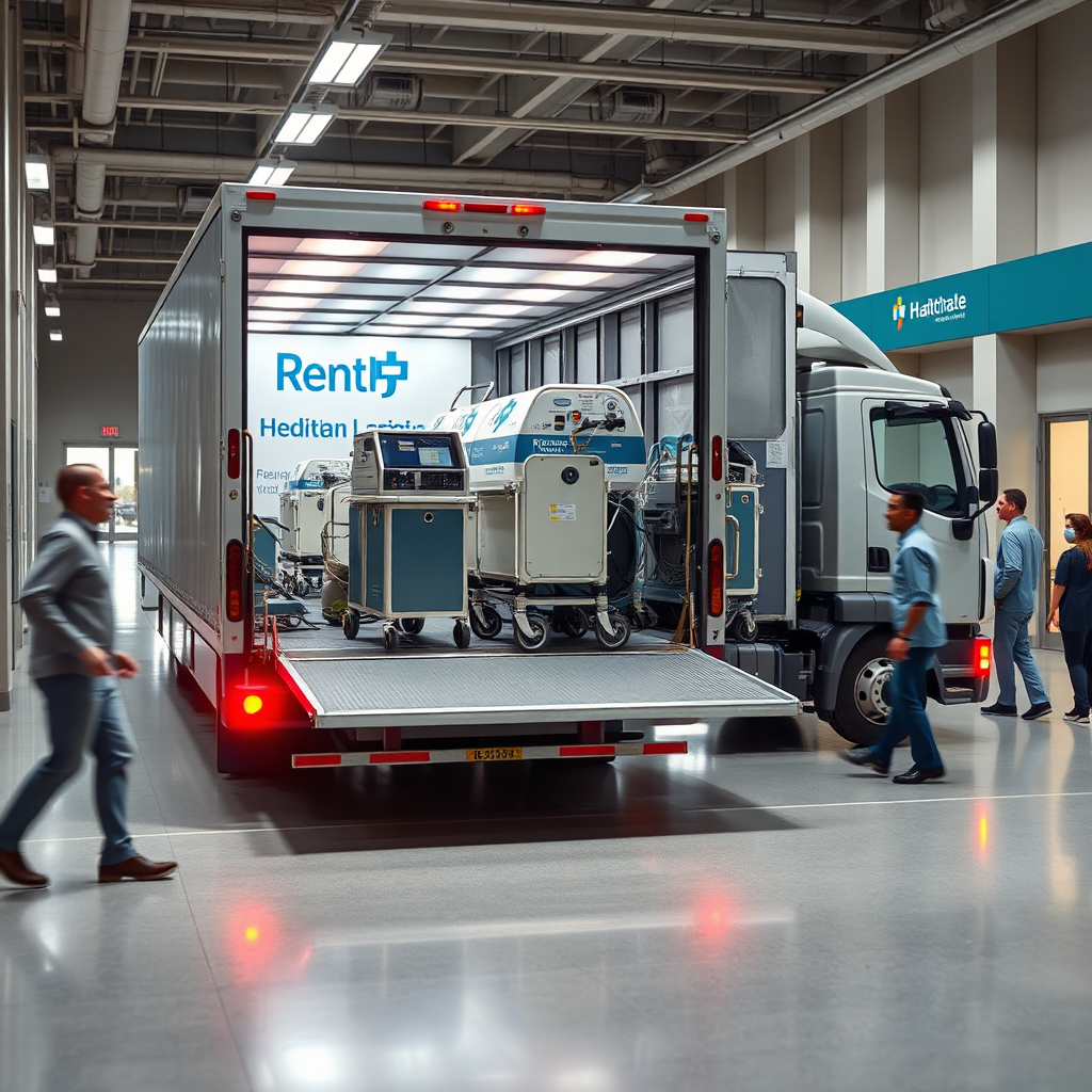 A photorealistic image of rented medical equipment being unloaded from a delivery truck at a healthcare facility. The truck is branded, and the environment is professional and busy, reflecting the importance of medical services. The lighting is bright and conveys a sense of urgency. Colors include corporate blues and grays, showcasing professionalism.