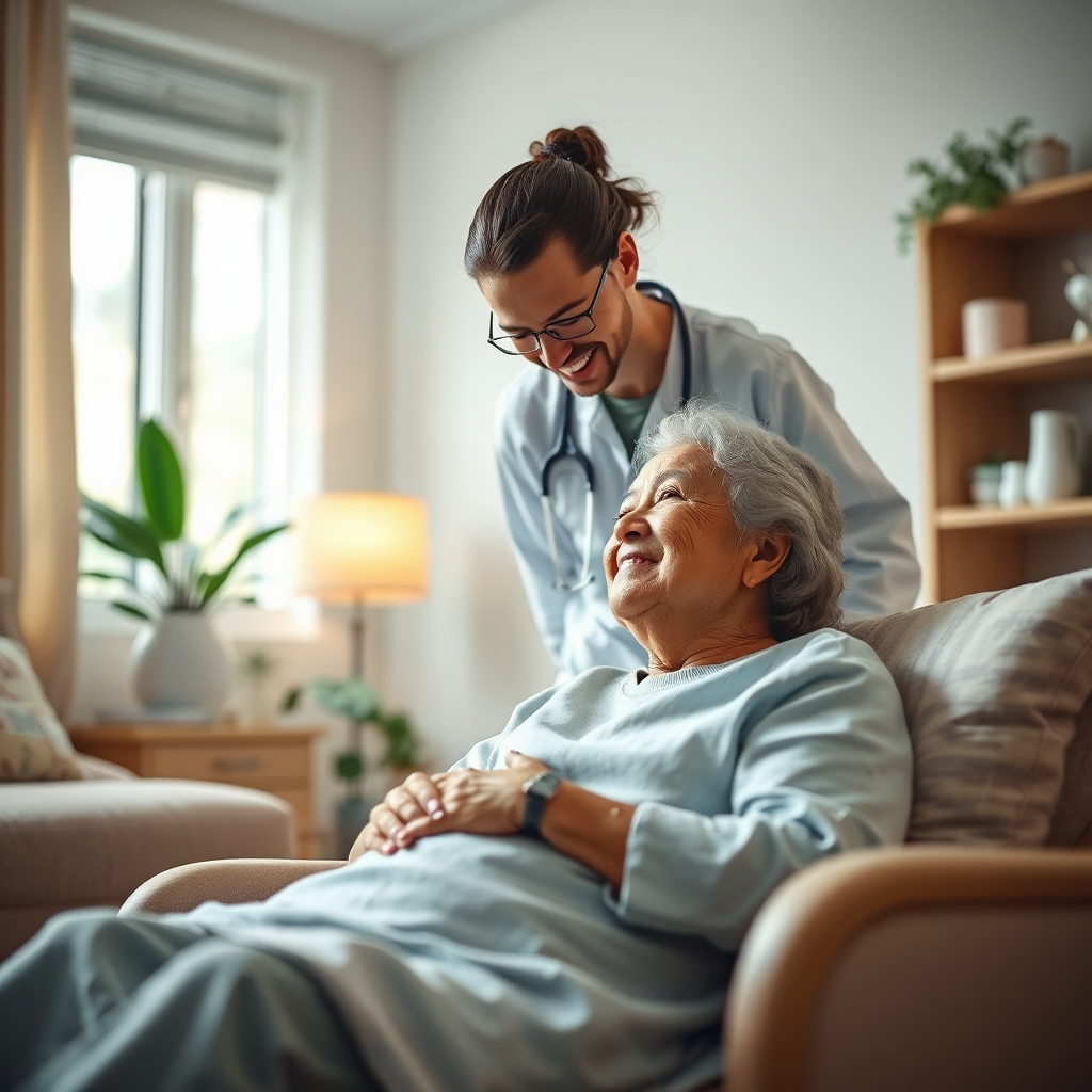 A photorealistic image portraying the essence of compassion in healthcare, featuring a healthcare worker interacting warmly with a patient in a cozy setting. The soft lighting creates a sense of safety and comfort, while a color palette of warm neutrals and subtle greens is utilized. The camera angle is at eye level, capturing genuine emotions and the textures of the room, such as soft fabrics and nurturing healthcare elements. Style references include humanitarian campaigns. Technical specs: 4K resolution, high quality.