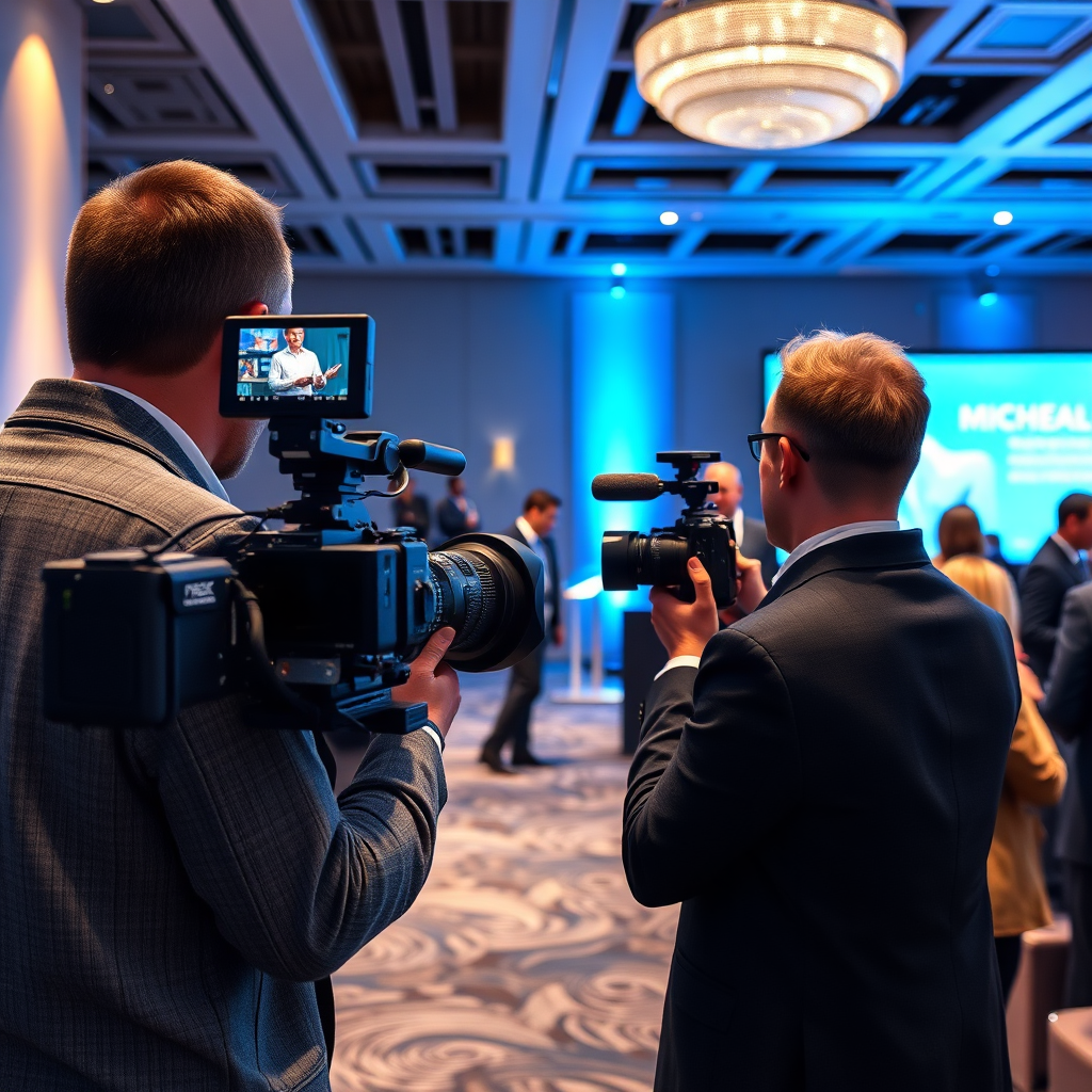 A photorealistic image showcasing Michael Media Company providing professional services at a corporate event. The scene depicts a videographer filming a keynote speaker, while a photographer captures candid moments of attendees networking. The lighting should be professional and well-balanced. The color palette should be modern and corporate. Technical specs: 4K resolution, high-quality rendering.