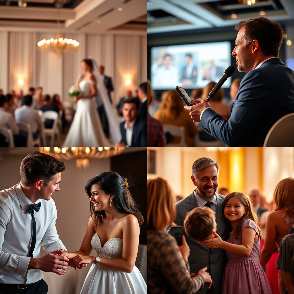 A photorealistic image showcasing a diverse range of events being covered by Michael Media Company's team. The composition should include a wedding, a corporate conference, and a family portrait session, all happening simultaneously in separate quadrants of the image. The lighting should be natural and flattering in each scenario. The overall color palette should be vibrant and inviting, reflecting the diverse nature of the events. Camera angles should vary to highlight the unique aspects of each event. Technical specs: 4K resolution, high-quality rendering.