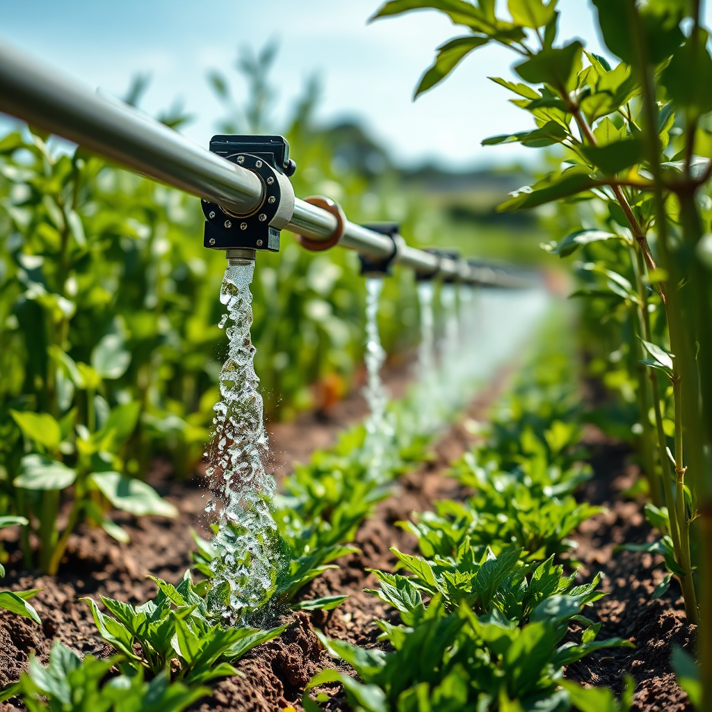 A photorealistic image showing a modern irrigation system in action, delivering water directly to the roots of crops. Minimize water wastage. Show the precision and efficiency of the system. The lighting should be bright and sunny, emphasizing the clarity of the water. Style: agricultural technology showcase.