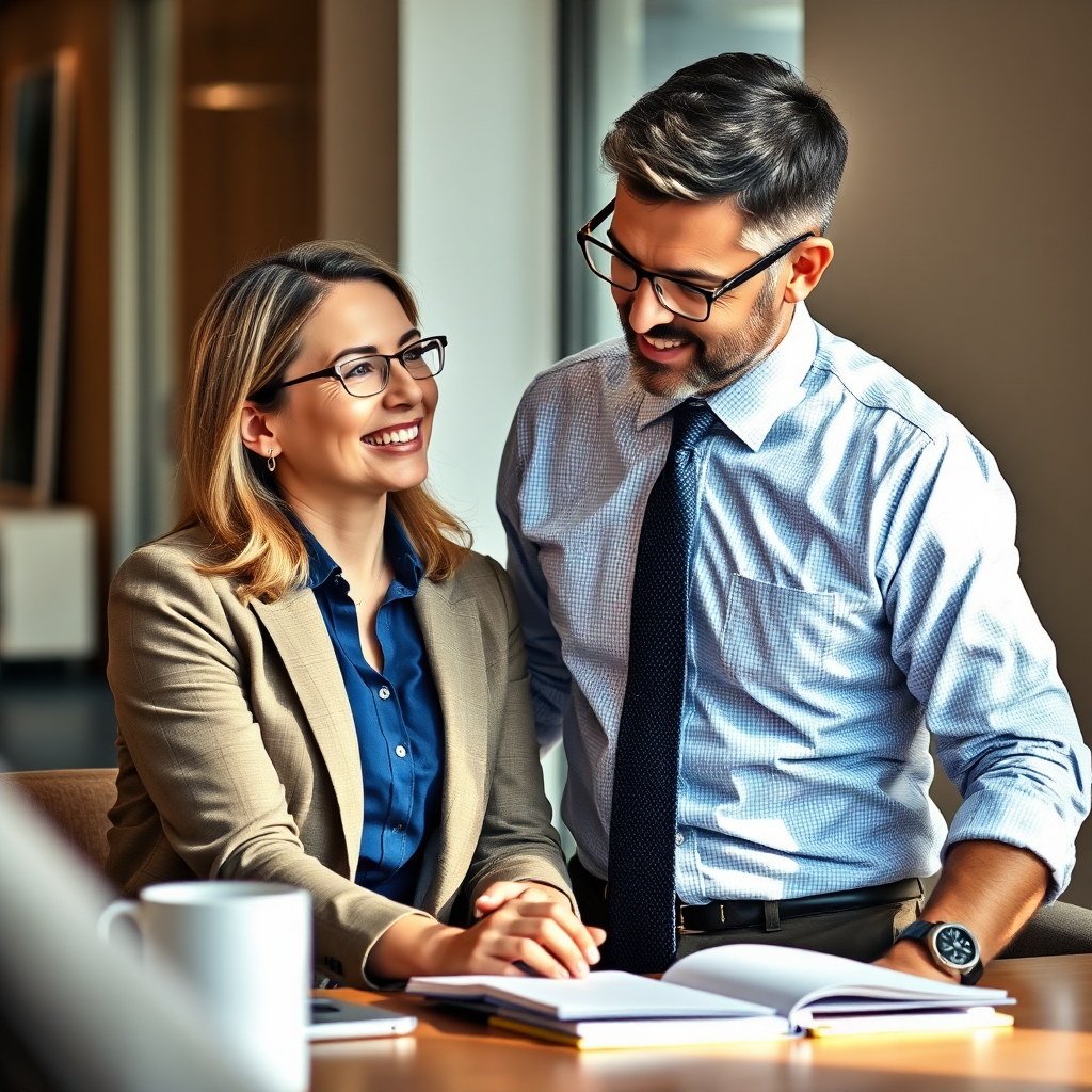A photorealistic image showing a mentor providing guidance to a mentee in a professional setting. The image conveys a sense of support and encouragement. The lighting should be warm and inviting, creating a comfortable and trusting environment.