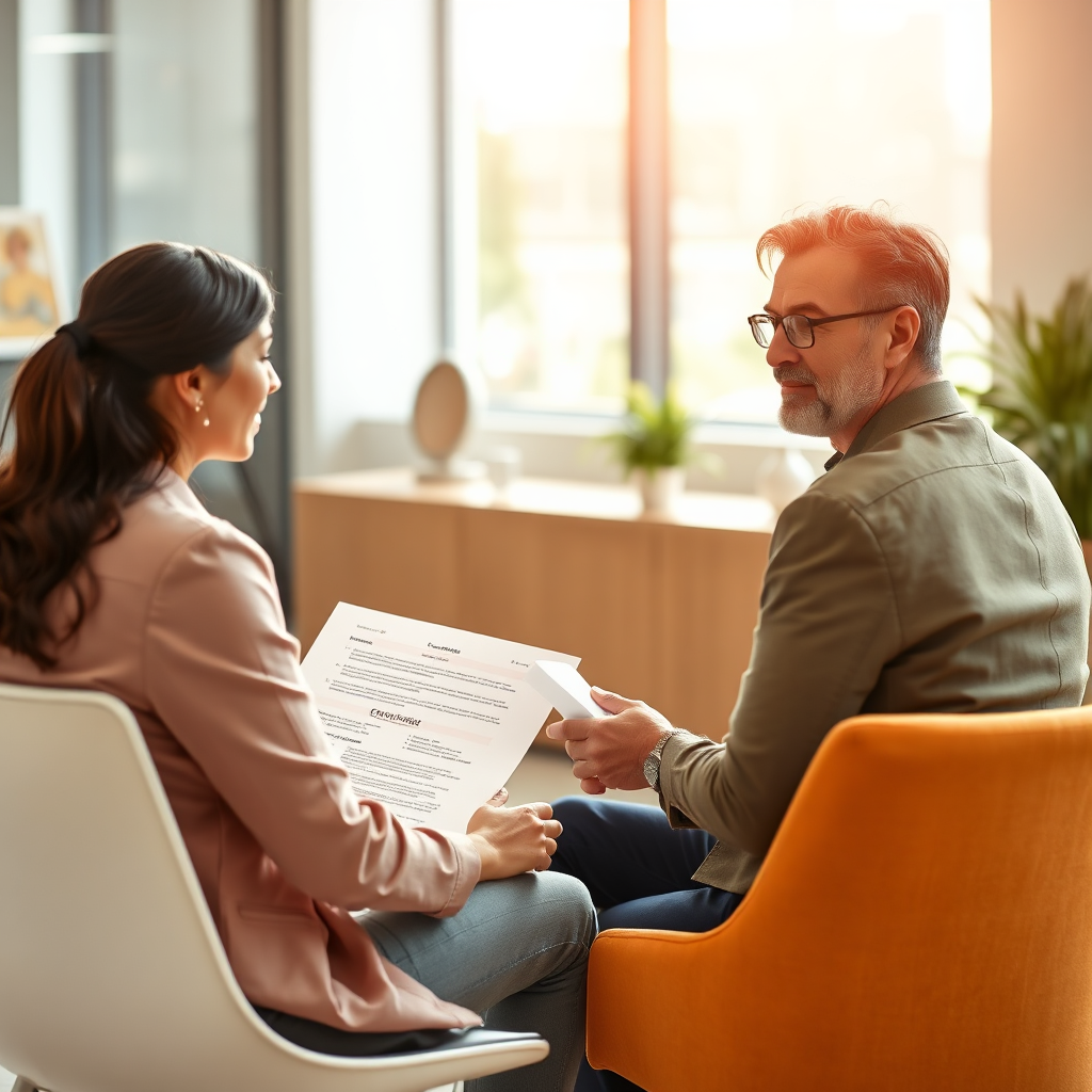 A photorealistic image showing a career counselor sitting across from a job seeker, reviewing a resume and discussing career options. The setting is a modern, well-lit office. The counselor is giving encouraging advice, helping the job seeker to refine his or her skills and goals. The counselor's expression is empathetic and supportive. The overall lighting is bright but soft, with a focus on the interaction between the two. The color palette is warm and inviting, reflecting a comfortable environment for open communication. The image should convey trust, professionalism, and personalized support.