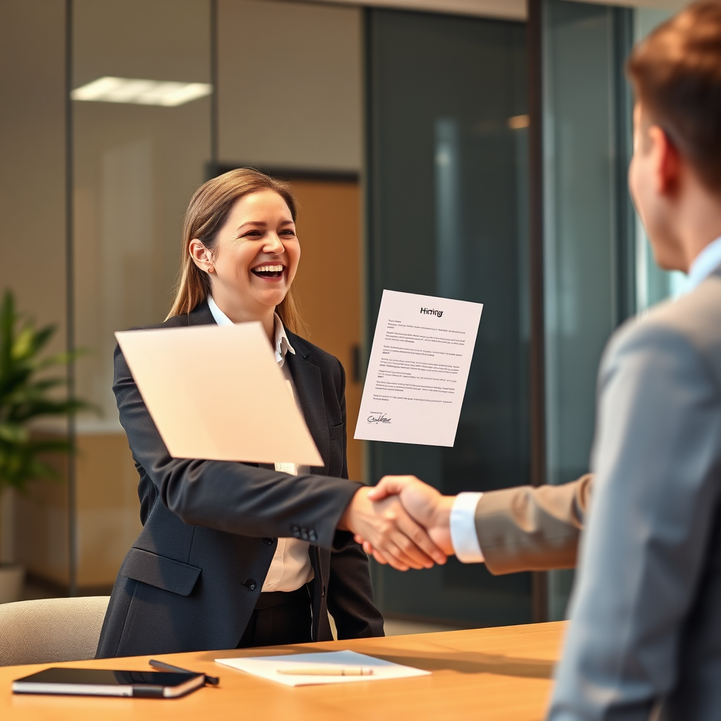A photorealistic image showing a person happily receiving a job offer letter. The person is dressed professionally and is shaking hands with a hiring manager. The background shows a modern office environment. The overall impression is one of excitement and success. The lighting is warm and inviting. The colors are optimistic.