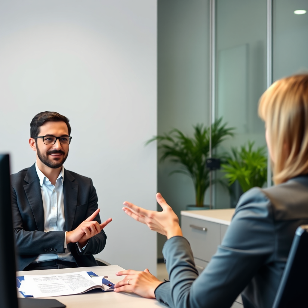 A photorealistic image showing a job seeker confidently participating in a mock interview. A career coach is providing constructive feedback. The setting is a professional office environment. The overall impression is one of preparation, confidence, and support. The lighting is neutral and balanced. The colors are professional and reassuring.