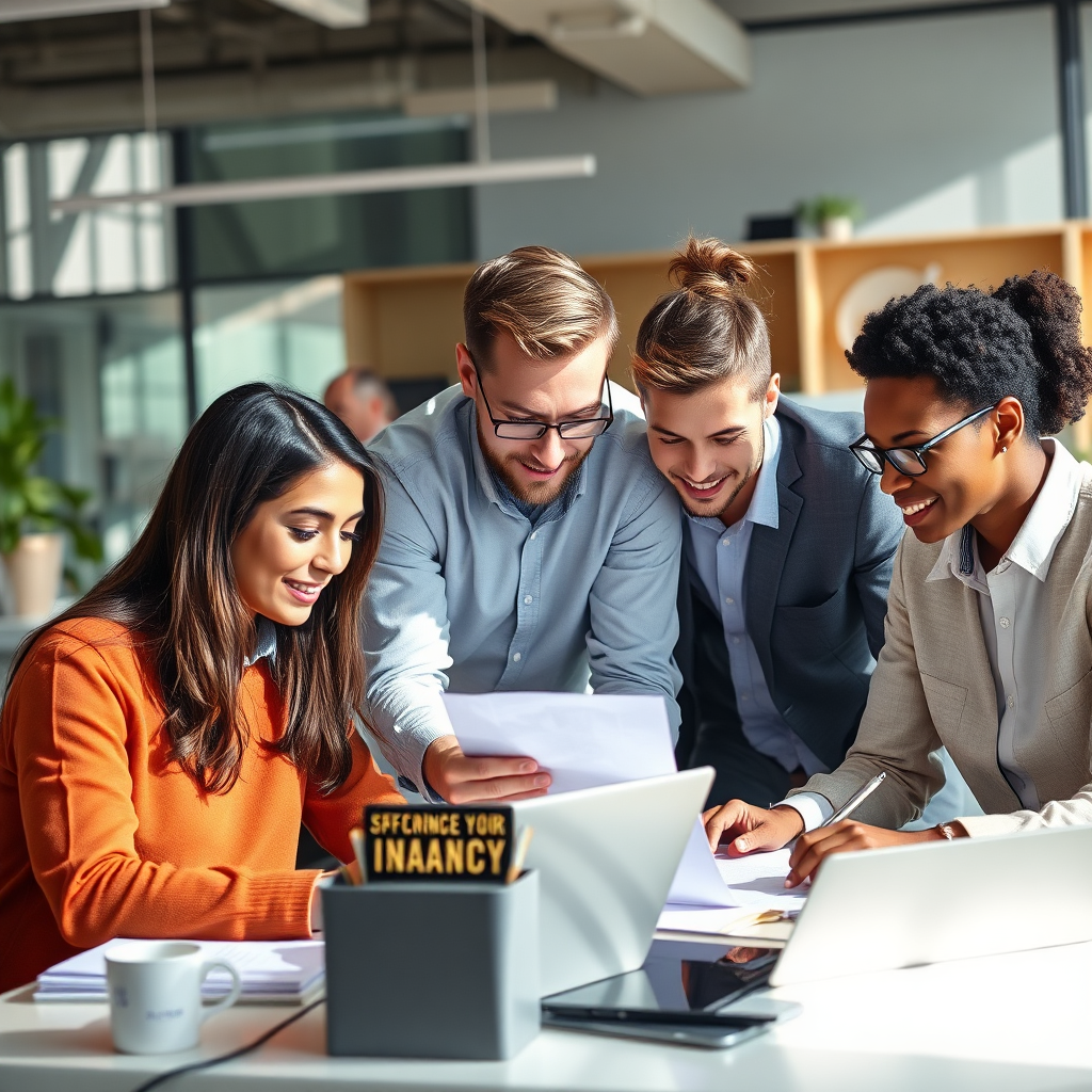 A photorealistic image showing diverse professionals collaboratively working on projects in different industry settings (e.g., tech startup, financial firm, creative agency). The lighting should be bright and modern, showcasing the energy and innovation within each sector. The composition should convey teamwork, expertise, and industry knowledge.