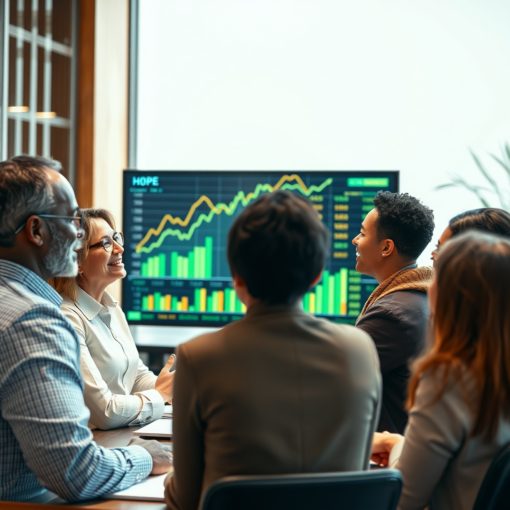 A photorealistic scene showcasing a diverse group of clients discussing investment options with advisors. The composition highlights a digital screen filled with ascending stock graphs and financial indicators. Soft, bright lighting focuses on the engaged expressions of clients, conveying hope and success. The color palette incorporates greens and golds, symbolizing growth and wealth. Textures include polished wood and metal elements in the office space, adding sophistication to the environment. The image should be detailed and impactful, eluding a sense of forward momentum.