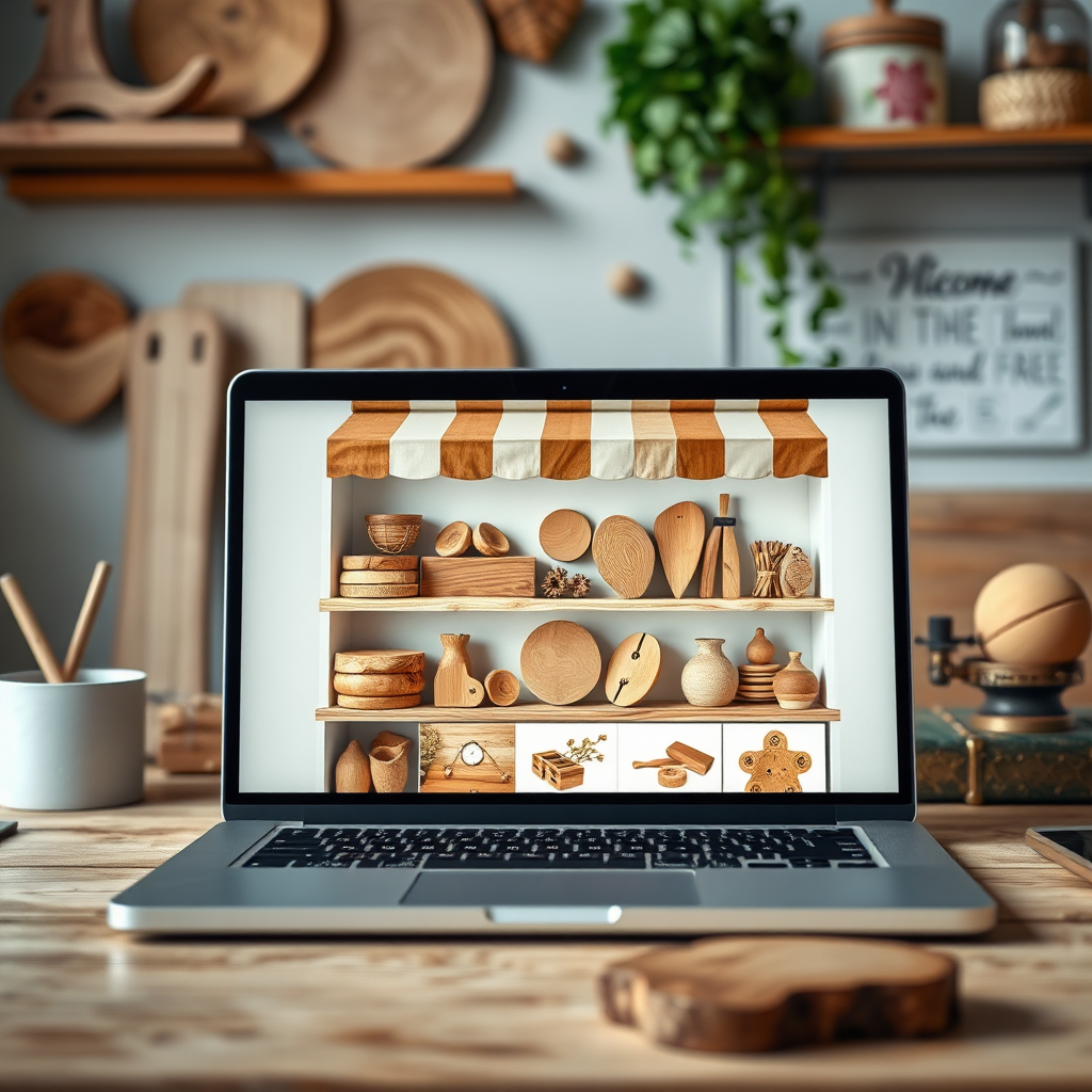 A photorealistic setup of a beautifully arranged online shop featuring wooden products on a laptop screen. The background includes a creative workspace with wood elements and decorative items, contributing to an inspiring feel. The lighting should be bright and welcoming, enhancing the fine details of the products displayed online, all captured with high clarity.