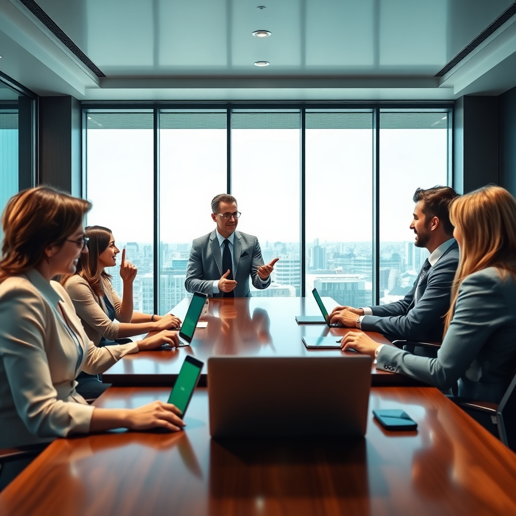 A photorealistic visual of a financial advisor discussing affiliate marketing strategies with clients in a sleek conference room. The lighting is bright and inviting, with a focus on natural light coming from large windows. The color palette features sophisticated blues and greens to evoke trust and professionalism. Textures include polished wood tables and modern digital devices. This image illustrates the collaborative nature of affiliate marketing, capturing attention in high-quality detail.