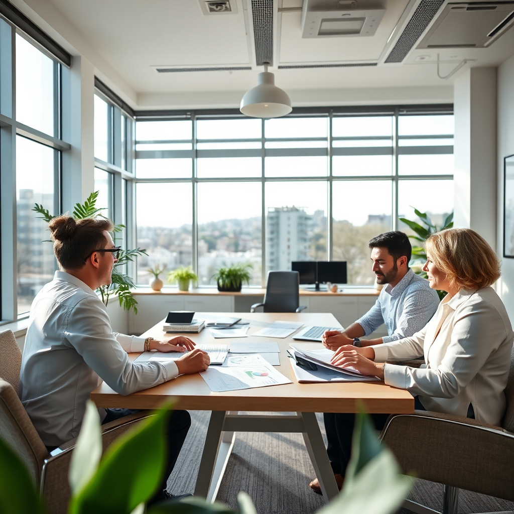 A prompt for a clean, aspirational image featuring a financial planner reviewing reports with clients in a contemporary office space. The composition showcases a desk filled with charts and plans, while natural light from large windows illuminates the room. A neutral color palette with pops of green symbolizes freshness and growth. The camera angle gives an inclusive feel, capturing engaged conversations and professional interaction, making use of texture details in the office decor. The image should feel inspirational and forward-looking.