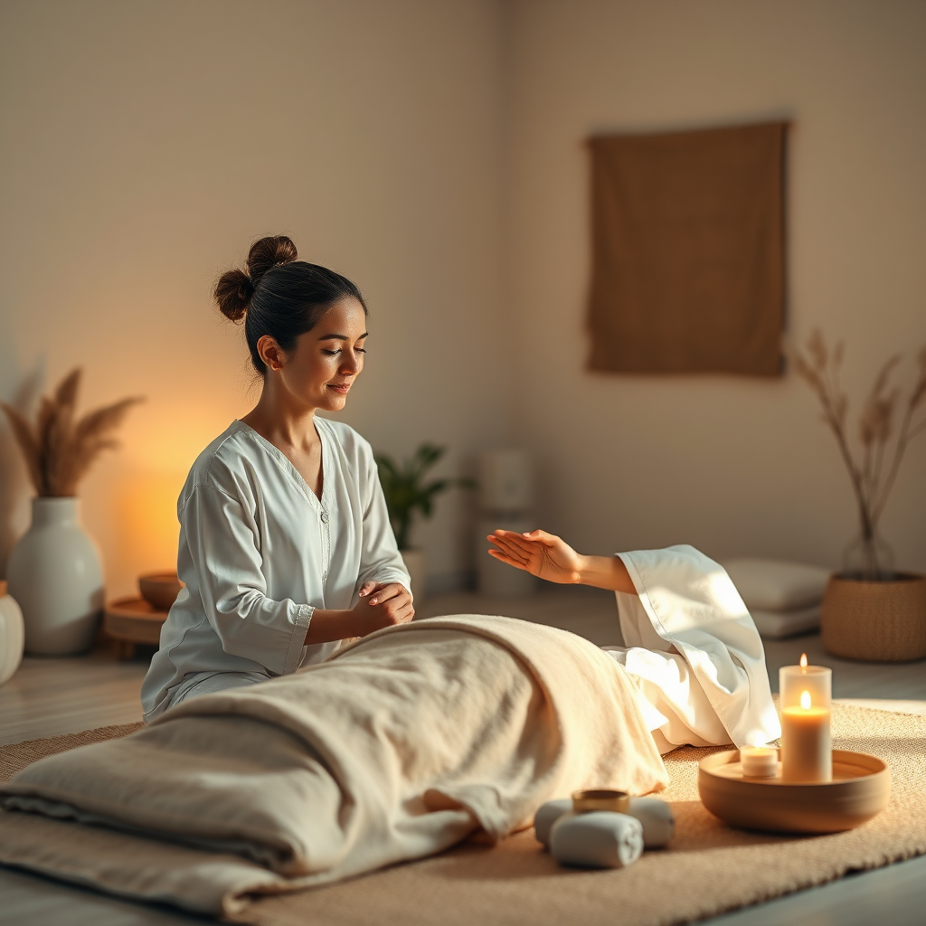 A serene photorealistic image representing holistic health, featuring a healthcare practitioner in a peaceful environment guiding a client through relaxation techniques. Soft, ambient lighting creates tranquility, while the calm color palette includes earth tones. The image captures gentle movements and a nurturing environment filled with soothing props. The camera angle emphasizes connection and harmony. Technical specs: 4K resolution, high quality.