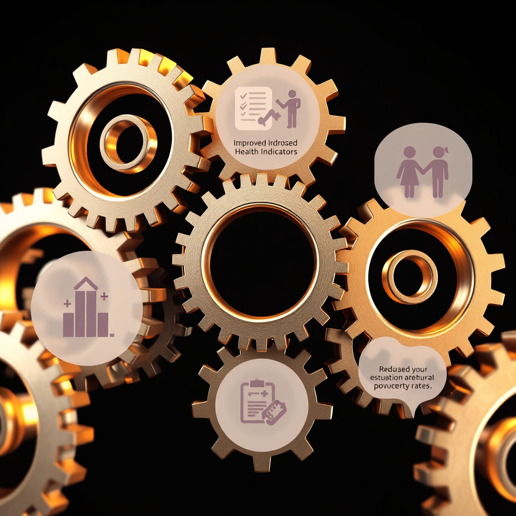 A series of interconnected gears, each representing a different aspect of a social program, turning in perfect synchrony. The gears are made of polished metal and illuminated by soft, warm light. Overlaid on the gears are abstract representations of the program's outcomes, such as improved health indicators, increased educational attainment, and reduced poverty rates. The overall impression is one of precision, efficiency, and positive impact. Style reference: infographic style. Technical specs: 4K resolution, stylized rendering.