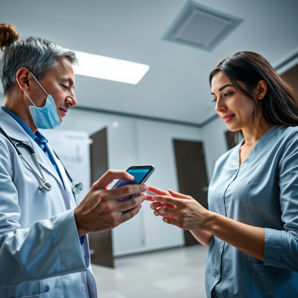 A sleek, modern image showing a healthcare professional demonstrating a mobile health application to a patient on their smartphone in an office setting. Bright, clinical lighting creates a professional atmosphere, and the camera angle captures both the device and expressions of engagement. The environment includes medical charts and technology-related textures. Technical specs are 4K resolution, high quality.
