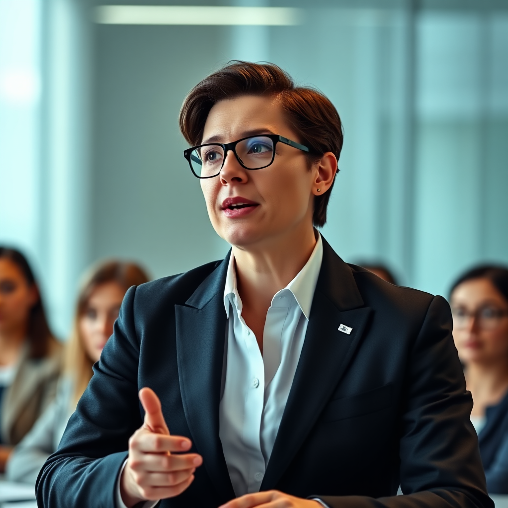 A sophisticated, photorealistic image of an executive in a leadership role, confidently addressing a team or leading a meeting. The lighting is professional and commanding. The color palette is refined and elegant, reflecting the high-caliber nature of executive search.