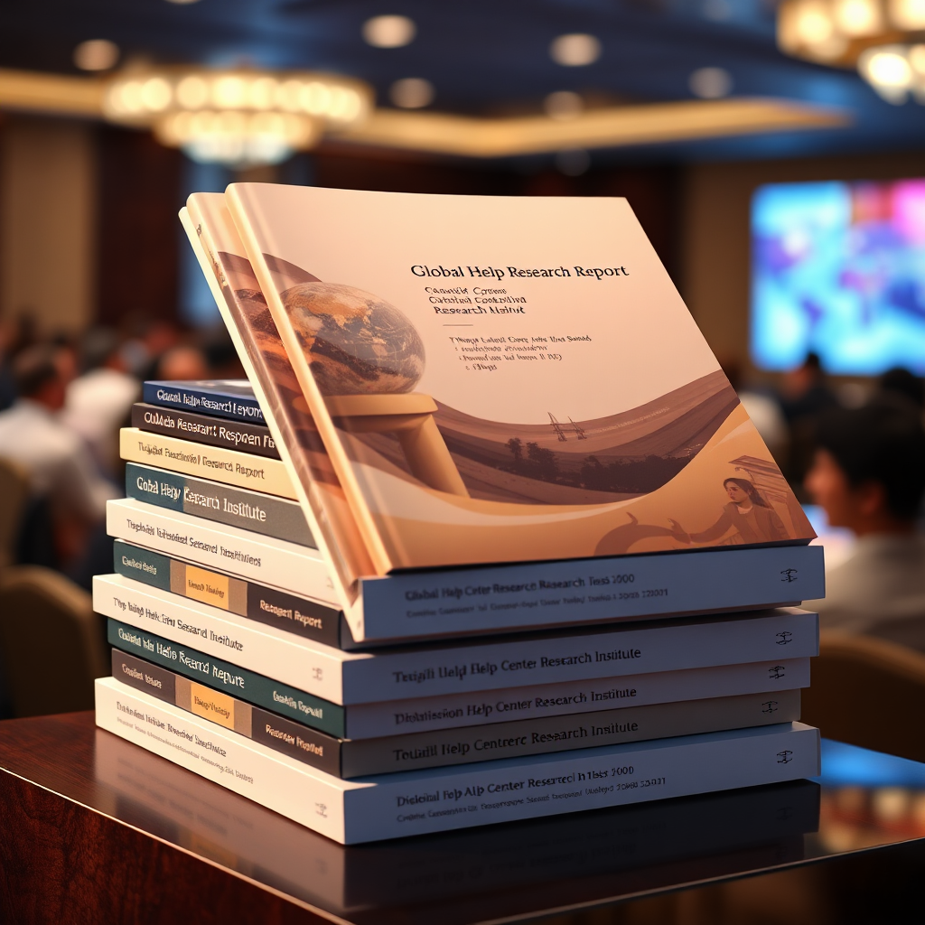 A stack of elegantly designed research reports and publications, each bearing the Global Help Center Research Institute logo. The reports are arranged in a visually appealing composition, with subtle lighting highlighting their titles and covers. The background is a blurred image of a global audience attending a research conference. The overall impression is one of authority, expertise, and knowledge sharing. Style reference: professional stock photography. Technical specs: 4K resolution, photorealistic rendering.