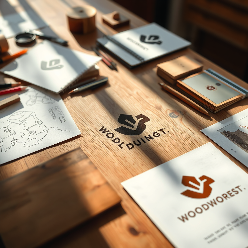 A striking branding concept image featuring a logo design process for a woodworking business. The layout on the table includes sketches, wood samples, and digital mockups. Bright, inspiring lighting enhances the textures of the wood and paper, portraying creativity in motion. This image should capture the essence of branding, ensuring a detailed, vibrant aesthetic.