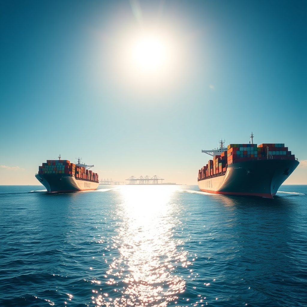 A stunning image of large cargo ships navigating through calm waters under a clear blue sky, with a distant port in the background. The lighting is natural and warm, hinting at a sunrise point, which adds a sense of promise. The color palette includes deep blues and soft whites, backed by the vastness of the sea. This image should encapsulate the essence of maritime logistics, produced in high definition.