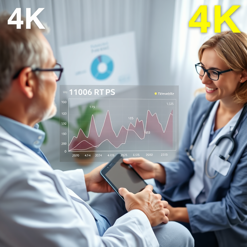 A stylized 4K image depicting a data visualization overlayed on a photorealistic scene of a patient and doctor interacting via telemedicine. The data visualization shows positive trends in health metrics (e.g., blood pressure, heart rate). The lighting is bright and optimistic. The camera angle is slightly overhead, focusing on the patient and doctor. Style reference: Infographics and data visualization in healthcare. Environment: Telemedicine consultation. Props: Data visualization elements, tablet, stethoscope.
