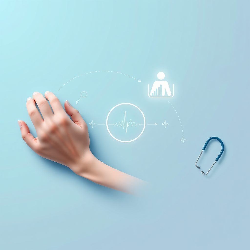 A stylized 4K image representing the concept of chronic disease management through telemedicine. The image could include a visual representation of data flowing from a wearable device to a healthcare provider, highlighting the continuous monitoring aspect. The color palette should be calming and reassuring. Soft lighting. Camera angle: Top-down view emphasizing the flow of data. Style reference: Data visualization in healthcare.