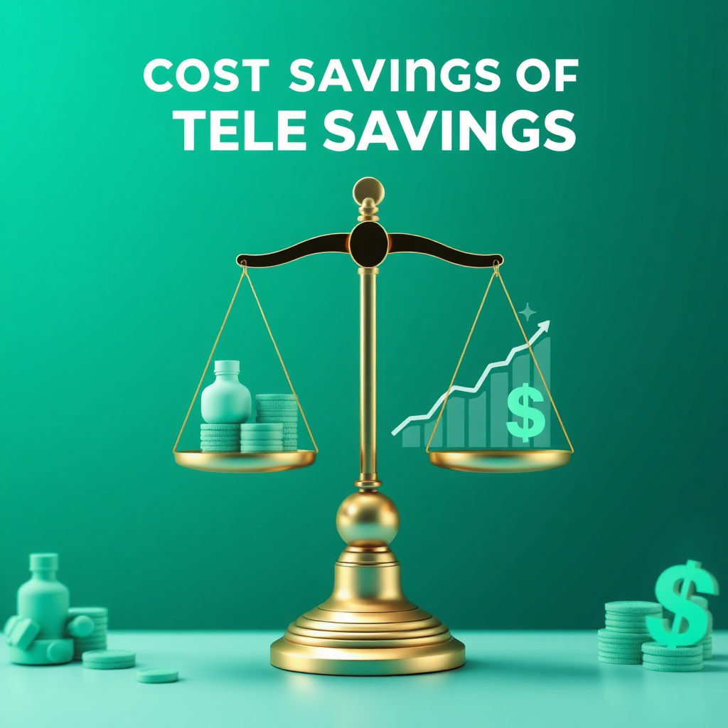 A stylized 4k image visualizing the cost savings of telehealth. The image could incorporate a visual metaphor like a scale balancing traditional healthcare costs with lower telehealth costs, or a graph showing reduced expenses over time. The color palette should be clean and modern, with a focus on greens and blues. The lighting is bright and professional. The camera angle is a wide shot, capturing the overall message of cost reduction. Style reference: Financial infographics and data visualization. Environment: Abstract, symbolizing cost savings. Props: Scale, graph, currency symbols.