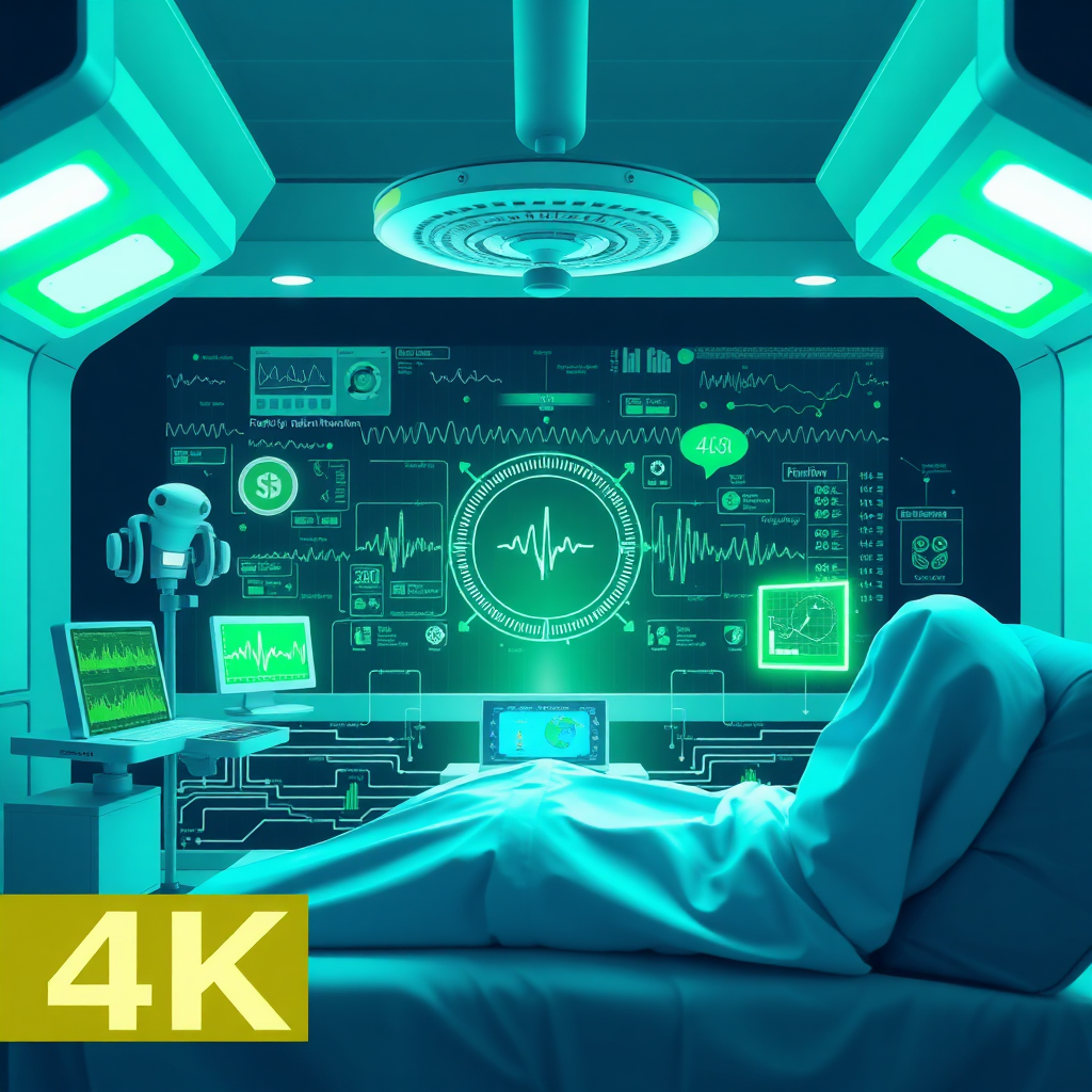 A stylized 4k image visualizing remote patient monitoring. The image could incorporate sensors, data streams, and a central monitoring hub, symbolizing the real-time tracking of vital signs. The color palette should be clean and modern, with a focus on greens and blues. The lighting is bright and professional. The camera angle is a wide shot, capturing the overall system of remote monitoring. Style reference: Technology and healthcare infographics. Environment: Abstract, symbolizing remote monitoring. Props: Sensors, data streams, monitoring hub.