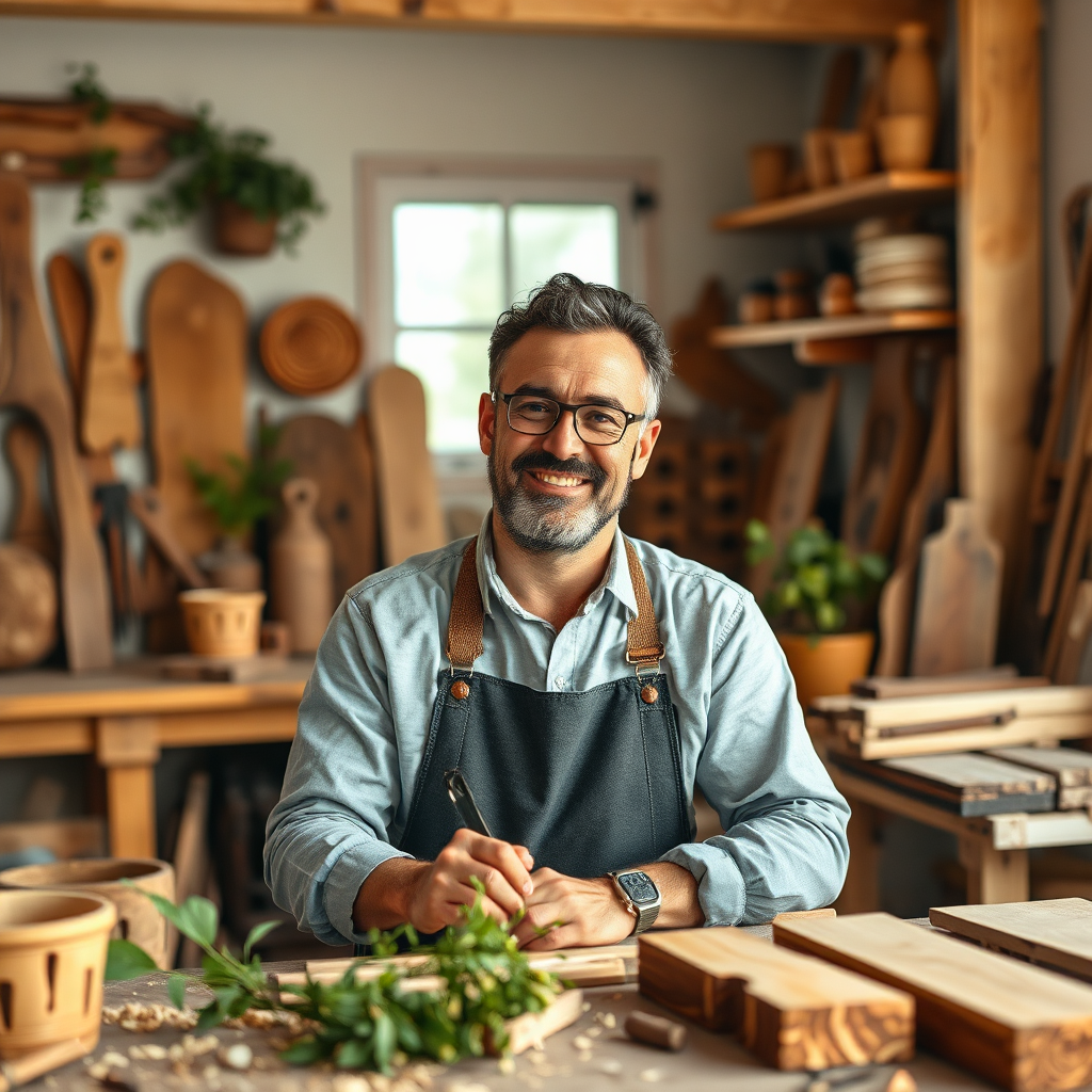 A stylized image depicting a confident artisan in their home workshop, surrounded by beautifully crafted wooden furniture and tools. The soft, ambient lighting highlights the artisan's expression of passion and contentment as they work. The color palette includes earthy tones, such as wood browns and greens, conveying a rustic yet modern feel. The camera angle captures the artisan at work with natural elements like plants or wood shavings around, emphasizing creativity and dedication. This engaging image should be designed in high quality, 4K resolution.