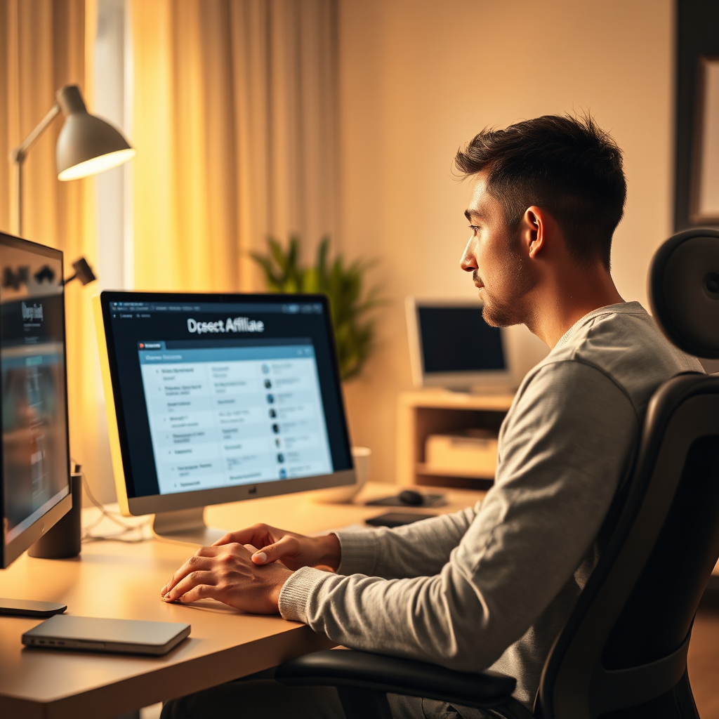 A stylized image depicting a person analyzing affiliate program options on a computer in a modern home office. The composition uses warm ambient lighting to create a focused environment, with a color palette of pale yellows and warm browns. The camera angle captures a close-up of the individual's thoughtful expression as they review options. The texture of the workspace, including ergonomic furniture and digital devices, adds a sense of comfort and professionalism, in high-quality detail.