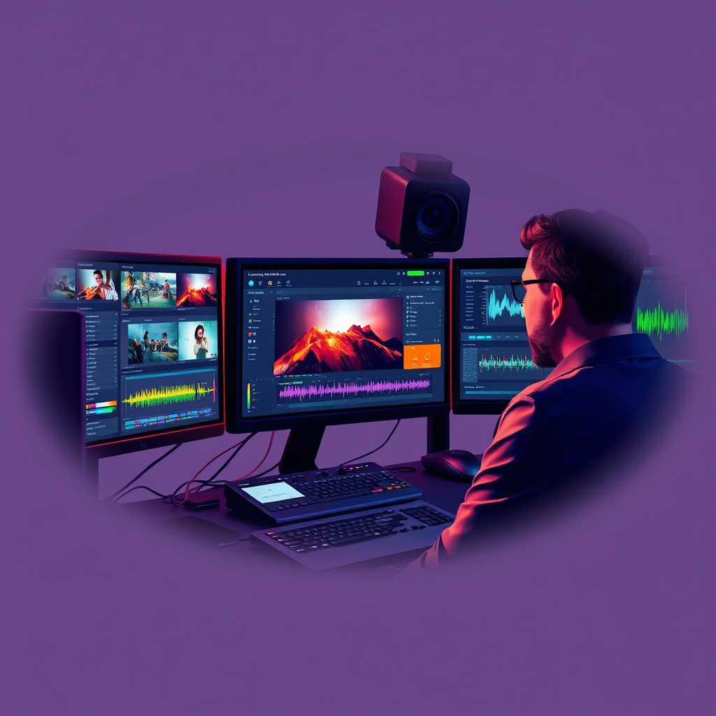A stylized image depicting a professional video editor working on a complex project. The scene should feature multiple monitors displaying editing timelines, color grading interfaces, and audio waveforms. The editor should be focused and immersed in their work, with subtle lighting highlighting their concentration. The color palette should be vibrant and dynamic, reflecting the creative nature of the editing process. The overall style should be modern and sophisticated. Technical specs: 4K resolution, high-quality rendering.