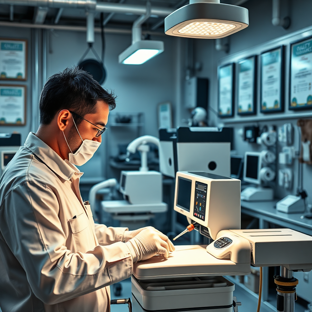 A stylized image featuring a technician performing quality checks on refurbished medical equipment. The workshop is filled with high-tech tools and equipment. The lighting is focused and bright, emphasizing the careful work being done. The color scheme includes steel grays and whites, highlighting a high-tech environment. Props include quality assurance certificates hanging on the wall. The composition captures the meticulous processes involved in refurbishing equipment.