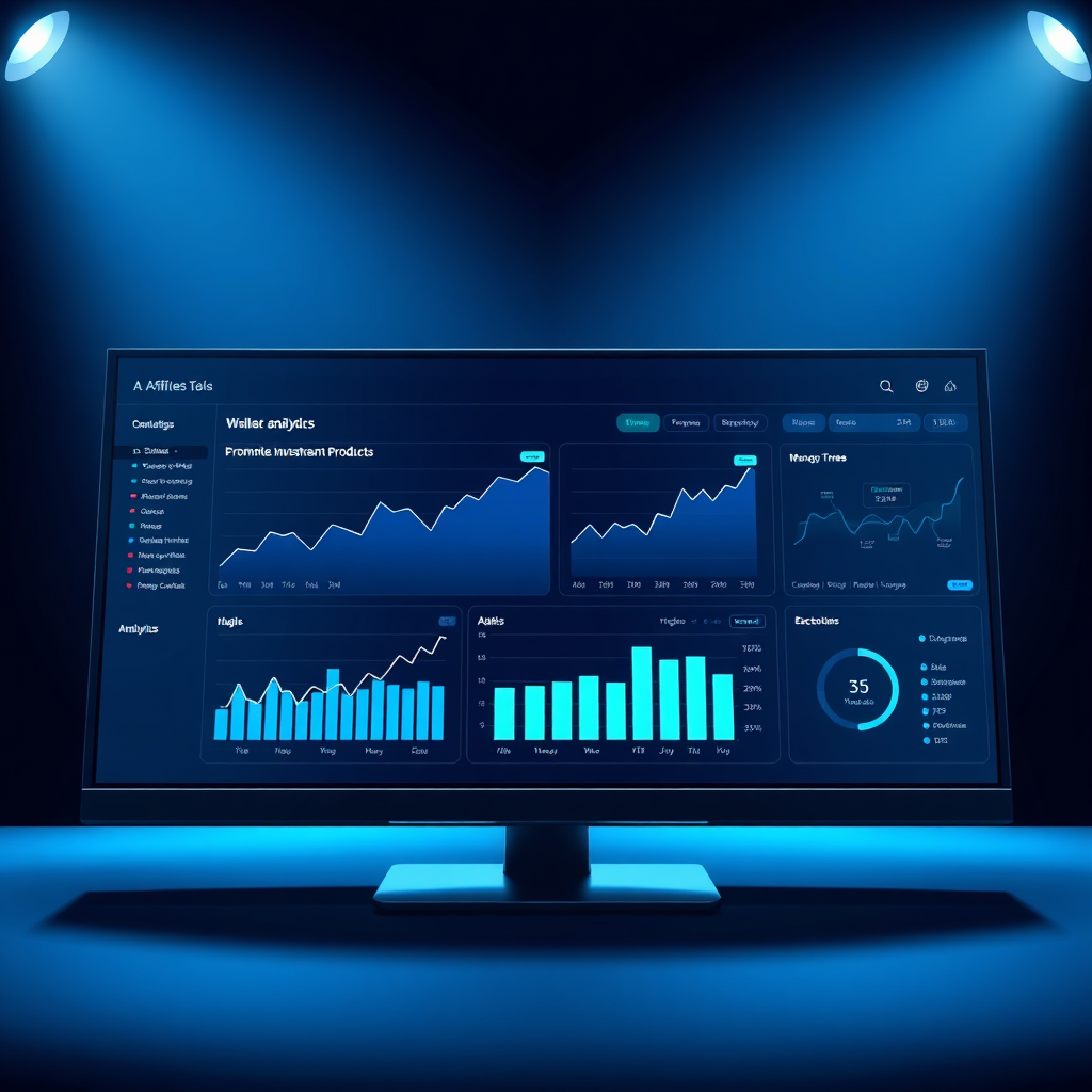 A stylized image of a digital dashboard showing analytics for promoting investment products. The lighting is focused, creating a tech-forward ambiance with cooler tones of blue and gray. Graphs and metrics flourish across the screen, symbolizing success and data-driven decisions. This compelling visual concept speaks to the financial potential within affiliate marketing.