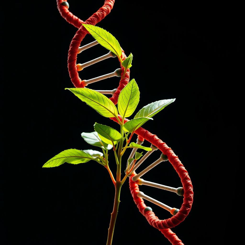 A stylized image of a DNA double helix intertwined with a healthy plant. The DNA should be brightly colored and visually striking, while the plant should be vibrant and lush. The lighting should be dramatic, emphasizing the connection between genetics and plant growth. Style: modern scientific visualization.