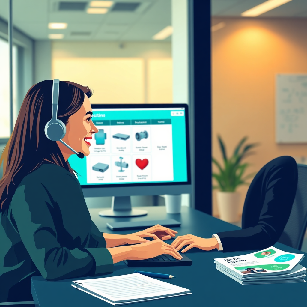 A stylized image of a friendly customer service representative assisting a client over the phone. The setting is a modern office with warm lighting. Color scheme includes calm greens and blues for a welcoming feel. The composition focuses on the representative’s warm expression and a computer screen in the background displaying equipment options. Props include notepads and healthcare brochures on the desk.