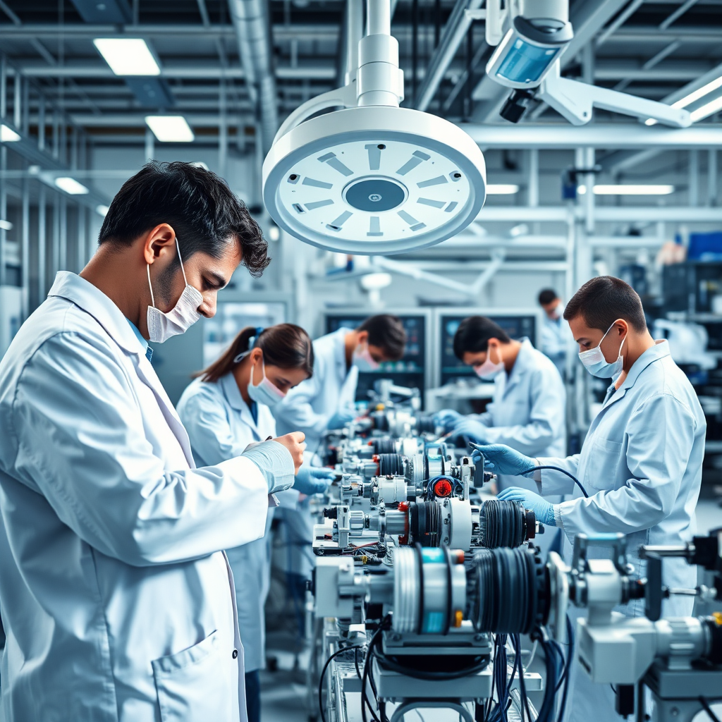 A stylized image of the manufacturing floor where medical equipment is being assembled. Workers in lab coats are focused on their tasks under bright, industrial lighting. The color palette consists of whites and blues. The composition captures the intricate work involved in medical manufacturing, with various devices in different stages of assembly in the background.