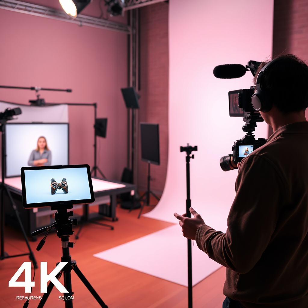 A stylized image showcasing the creation of creative content for various platforms. The scene depicts a photographer shooting a product photo in a studio setting, while a videographer films a short promotional video. The lighting should be creative and visually appealing. The color palette should be vibrant and modern. The image should convey creativity, innovation, and professionalism. Technical specs: 4K resolution, high-quality rendering.