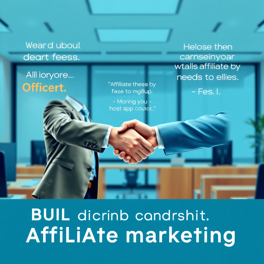 A stylized image showing two professionals shaking hands in a well-lit, modern office setting, symbolizing partnership and collaboration. The color palette combines calm blues and earthy tones to evoke trustworthiness. The focus is on the handshake, surrounded by motivational quotes and branding elements in the background. In high-quality detail, this visual concept highlights the importance of building connections in affiliate marketing.