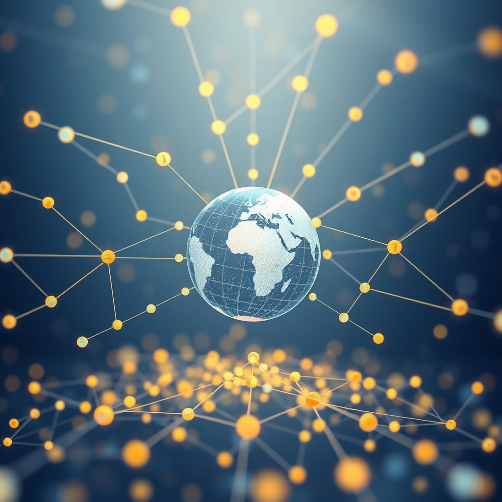 A stylized image that represents the essence of affiliate marketing, featuring interconnected nodes symbolizing relationships between influencers and brands. The composition is infused with a light, airy atmosphere, utilizing a soft color palette of pastel blues and yellows. The camera angle is centered, highlighting a digital globe to signify global reach and connection. Texture details include sleek line graphics representing data flows. The environment conveys a modern digital landscape, with abstract tech elements subtly integrated. Captured in high quality 4K resolution, this image embodies creativity and collaboration within the affiliate marketing realm.