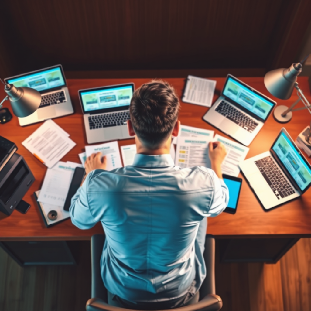 A stylized visual showing an individual surrounded by laptops, tablets, and paperwork, analyzing various affiliate programs on a stylish desk. The lighting is soft yet focused, employing warm tones to create an engaging workspace. This image encapsulates the investigative process in affiliate marketing, presented in high-quality style.