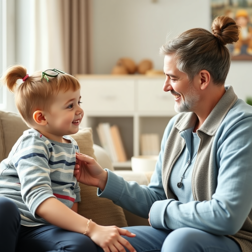 A supportive coach guiding a child through a life skills lesson. The scene should be comforting and encouraging, with a focus on building confidence and self-esteem. Use a soft color palette and a high-quality rendering in 4K resolution.