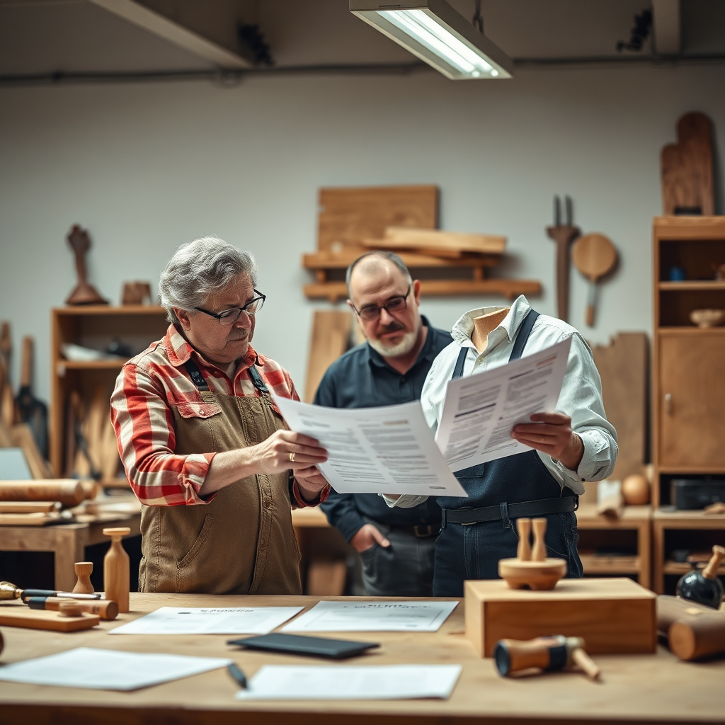A supportive environment visual showing a mentor assisting a woodworker with business planning documents. The workspace is neatly organized with seen tools and crafted items, creating a sense of teamwork. Soft, ambient lighting brings warmth to the scene, emphasizing collaboration and guidance. The image should be high quality, focusing on detail and clarity.