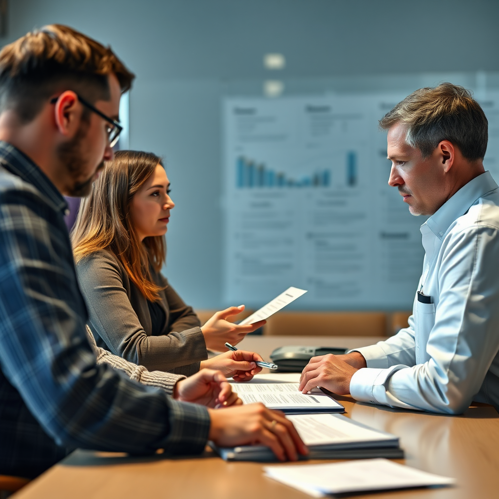 A team of evaluators reviewing program data and interviewing stakeholders. The scene should convey a sense of objectivity and thoroughness. Technical specs: 4K resolution, photorealistic rendering.
