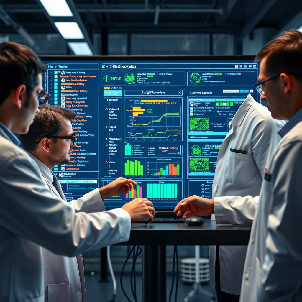 A team of researchers collaborating around a digital interface, adjusting program parameters and monitoring performance metrics in real-time. The interface should display a detailed program logic model, with key indicators highlighted. Technical specs: 4K resolution, photorealistic rendering.