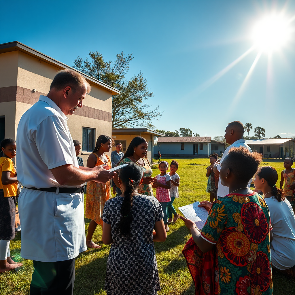 A vibrant image depicting community members engaged in a health program led by GHC professionals. The outdoor environment is lively, with groups participating in activities, the sun shining bright, and colors reflecting health. Technical specs: 4K resolution, high quality.
