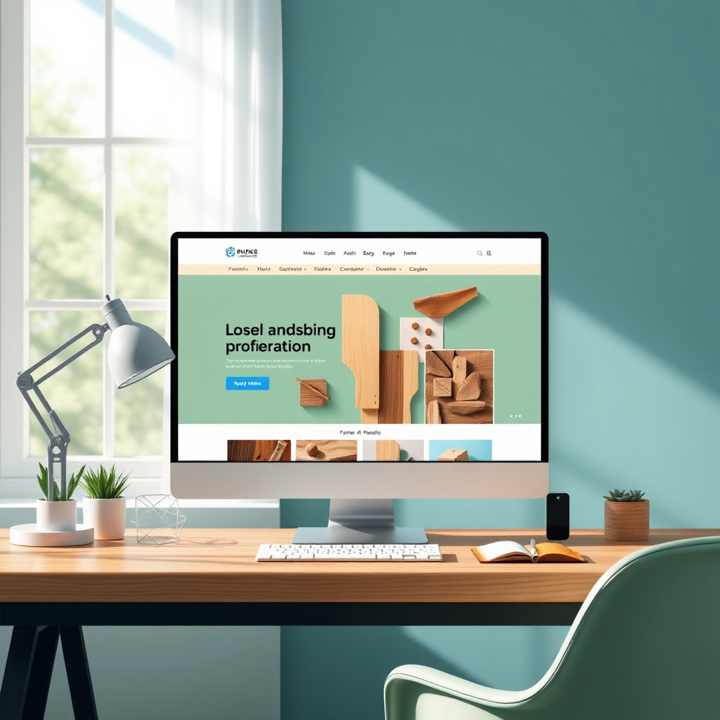 A vibrant image displaying an online wooden product advertisement setup. The scene includes a computer with an attractive website layout and images of woodworking products. Light from a window casts a soft glow over the scene, highlighting the screen and handcrafted pieces on the desk. The color palette should have modern tones—calm blues and greens—evoking a creative workspace. This image is designed in a high-quality, photorealistic style.