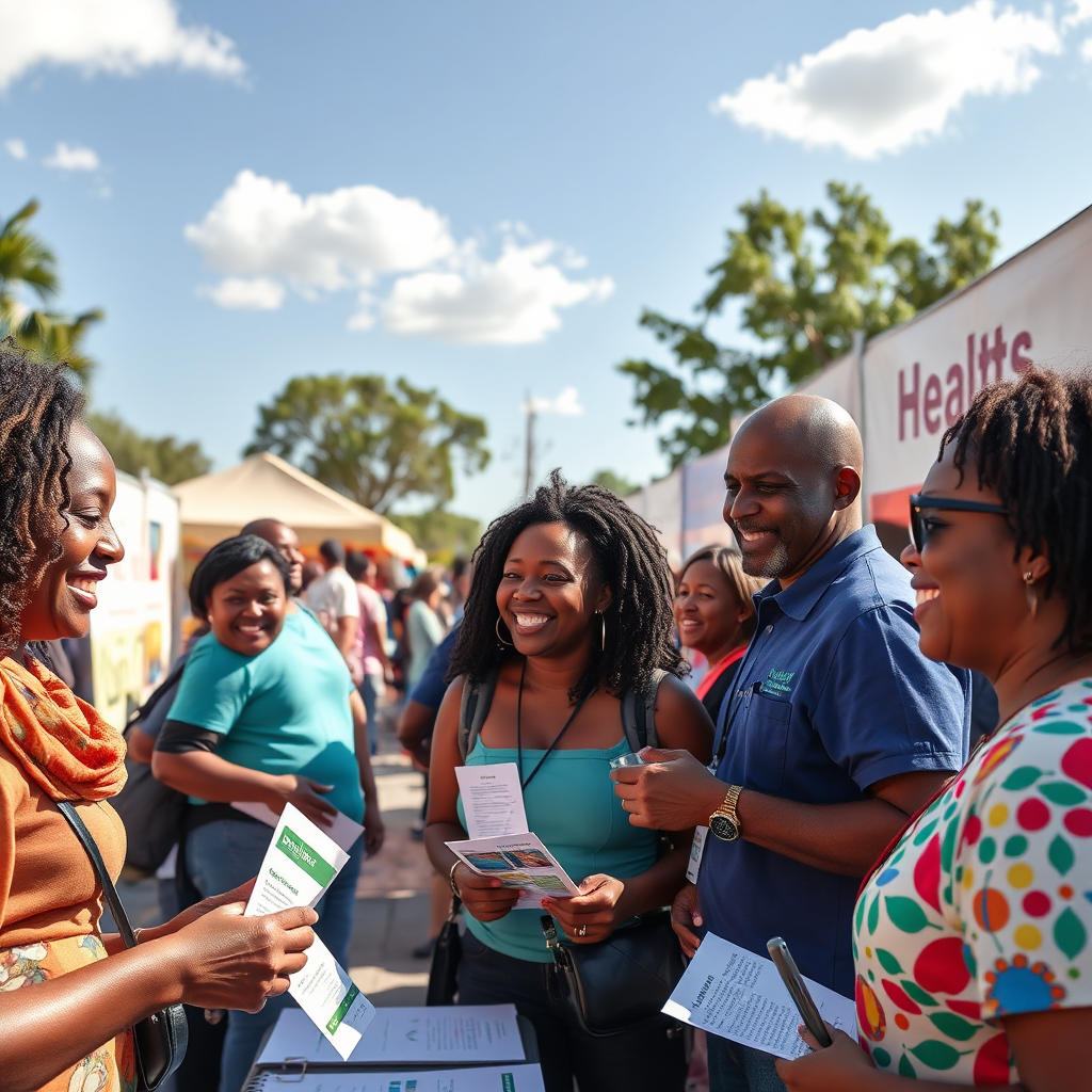 A vibrant photorealistic image of community members engaging in a health fair led by Global Help Center staff. The scene is filled with smiling faces, health booths, and informative displays under a sunny sky, highlighting the community spirit. The color palette emphasizes bright colors, hinting at joy and wellness. The camera captures a wide shot, showcasing interactions and the setup details such as informational pamphlets and banners. Technical specs: 4K resolution, high quality.