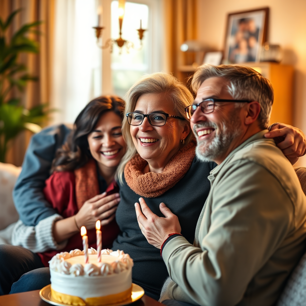 A vibrant, photorealistic representation of a client celebrating financial success, surrounded by family in a cozy home environment. The lighting is warm and celebratory, capturing a moment of joy and happiness. The color palette features bright and inviting shades, emphasizing warmth and contentment. The camera angle is intimate and personal, focusing on the expressions of joy and satisfaction. Props include celebratory elements like a small cake and family photographs, representing personal milestones in financial achievements.