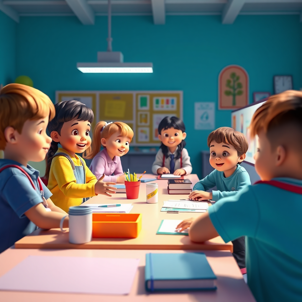 A vibrant scene depicting children participating in a career exploration workshop, with different stations representing various professions. The lighting should be bright and cheerful, and the style should be engaging and interactive. Render in 4K resolution with high quality.
