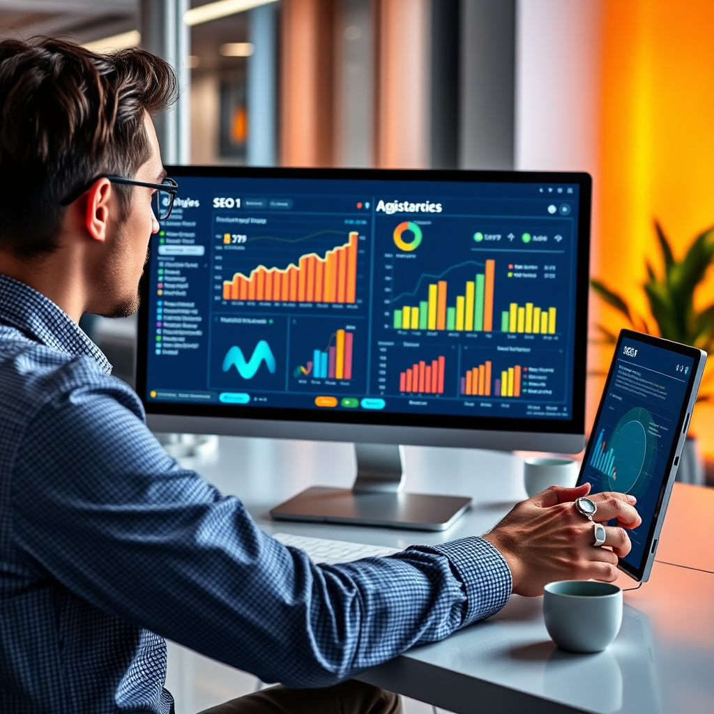 A visual of a marketer analyzing SEO data on a screen in a sleek, bright office. The composition highlights charts and graphs with a lively energy, captured in vibrant colors. The environment emphasizes innovation, representing the technical aspects of visibility in affiliate marketing, presented in high quality.