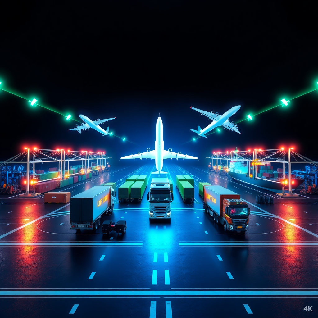 A visually striking image highlighting logistics integration, featuring a central hub with visual lanes representing air, land, and sea. The lighting showcases each transport mode with distinct colors: bright blue for air, green for land, and navy for sea transport. The composition includes visuals of containers, trucks, and planes converging at a central hub, emphasizing collaboration. The style is modern, reflecting connectivity and efficiency in logistics, created in 4K resolution.